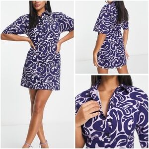 ASOS DESIGN Women Size 10 Abstract Swirl Print Twill Mini Shirt Dress Purple NWT